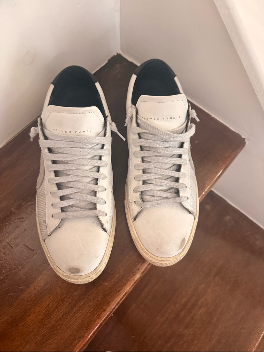 Oliver Cabell White Low-Top Leather Sneakers with Black Heel